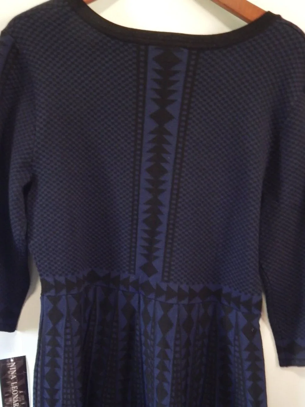 Nina Leonard Knit Sweater Dress Blue Black 3/4 Sleeves Fit & Flare Size XL NWT
